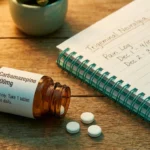 Carbamazepine 200mg prescription bottle with tablets and a patient pain log notebook on a warm wood surface