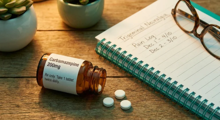 Carbamazepine 200mg prescription bottle with tablets and a patient pain log notebook on a warm wood surface
