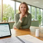 Researcher reviews pain-trial clinical data on tablet at modern pharmaceutical research bench.