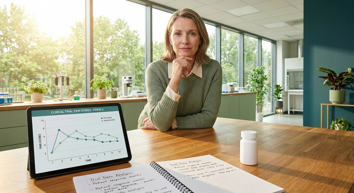 Researcher reviews pain-trial clinical data on tablet at modern pharmaceutical research bench.