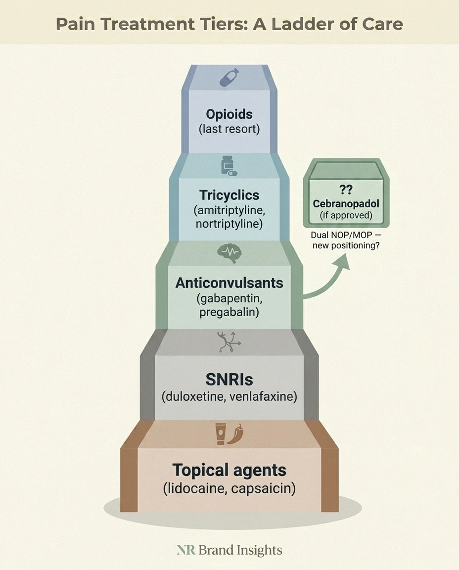Treatment-ladder infographic showing where cebranopadol could sit in chronic neuropathy treatment.