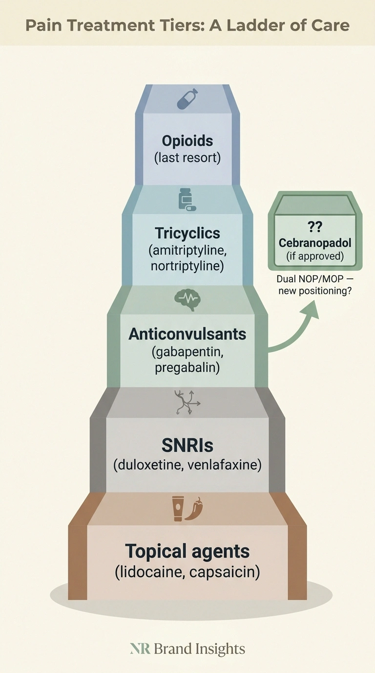 Treatment-ladder infographic showing where cebranopadol could sit in chronic neuropathy treatment.