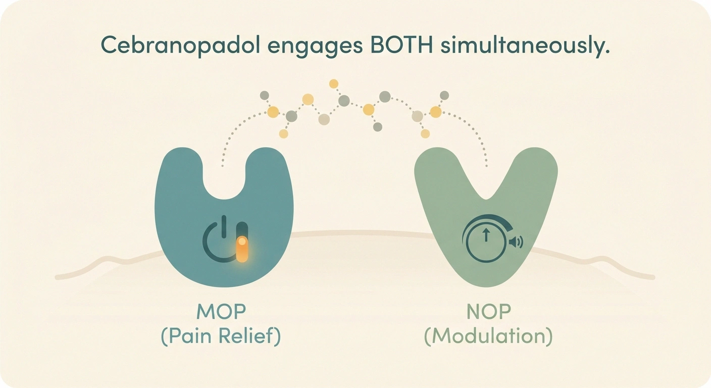 Diagram showing cebranopadol dual NOP and MOP opioid-receptor engagement mechanism.
