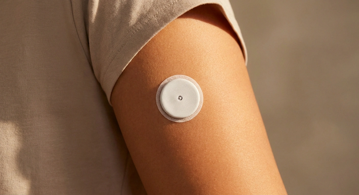 Close-up of a continuous glucose monitor sensor patch on a person's upper arm in soft natural light.