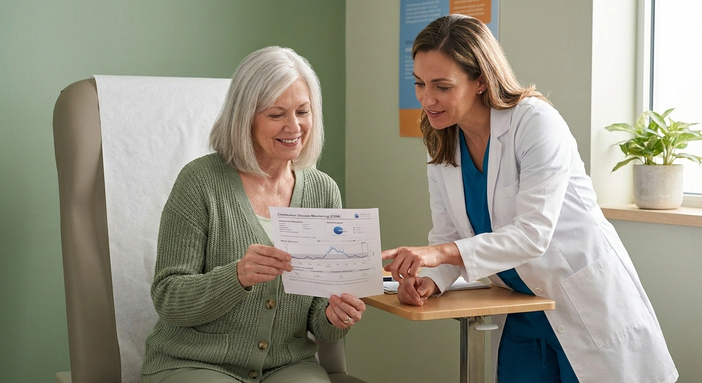 Patient discusses continuous glucose monitor report with endocrinologist during clinic visit.