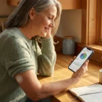 Woman with CGM sensor reviews her glucose time-in-range data on smartphone at sunny kitchen counter.