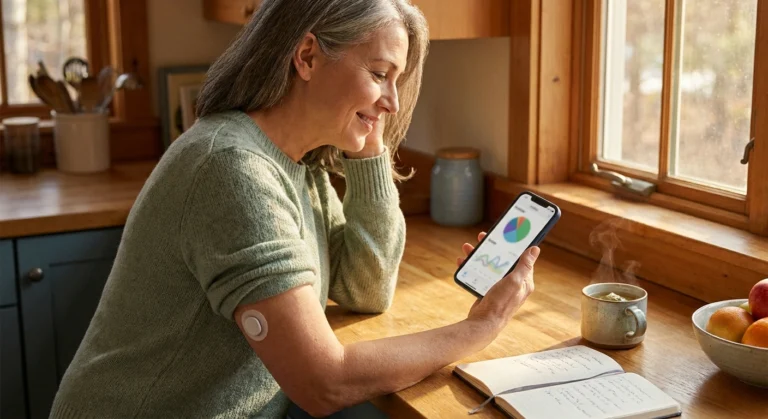 Woman with CGM sensor reviews her glucose time-in-range data on smartphone at sunny kitchen counter.
