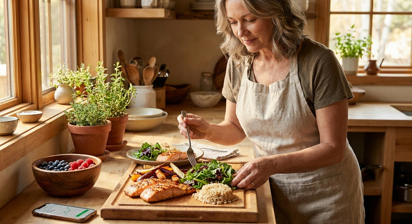 Woman plating a balanced meal of salmon, vegetables, and whole grains with CGM data visible on phone.