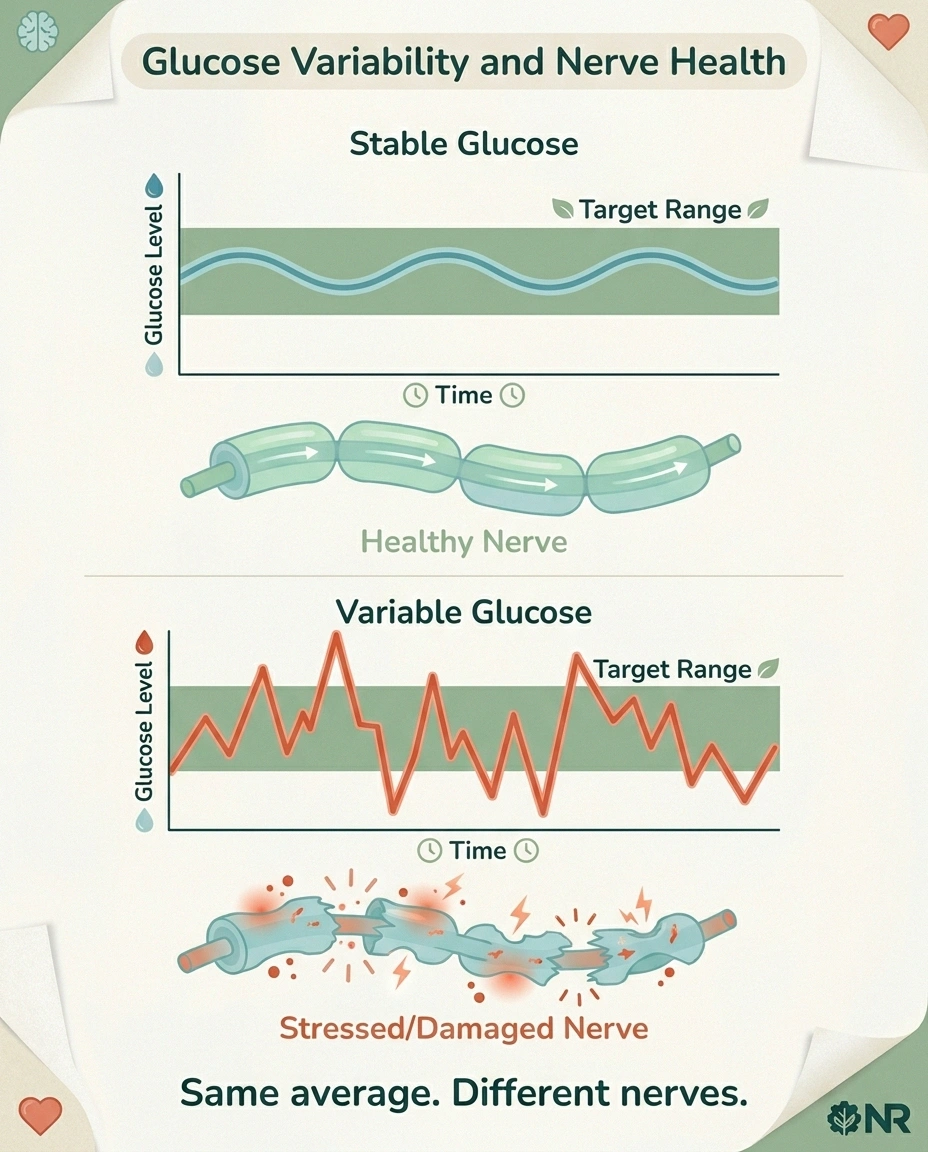 Comparison diagram showing stable versus variable blood glucose curves and their effect on nerve health.