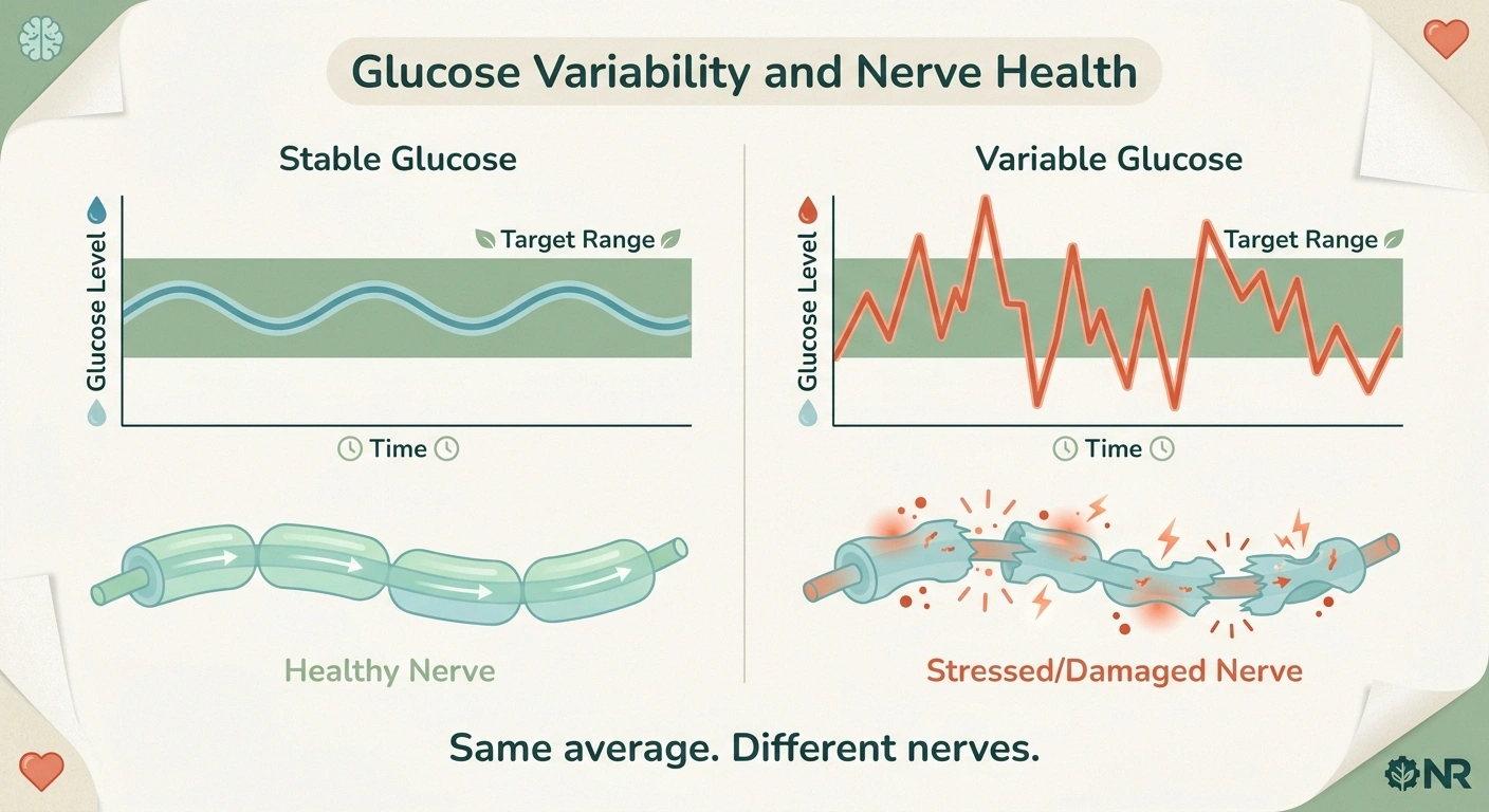 Comparison diagram showing stable versus variable blood glucose curves and their effect on nerve health.