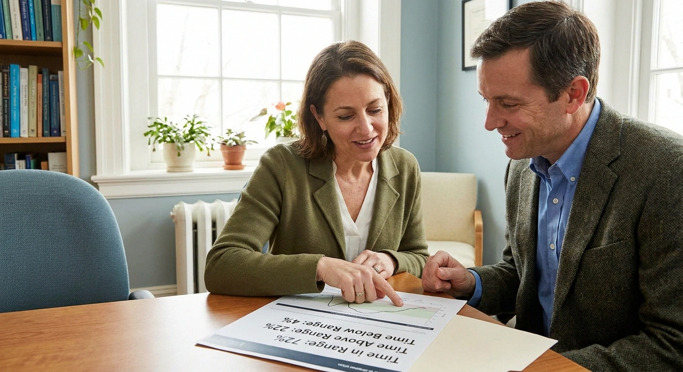 Patient and clinician review continuous glucose monitor time-in-range report together in office.