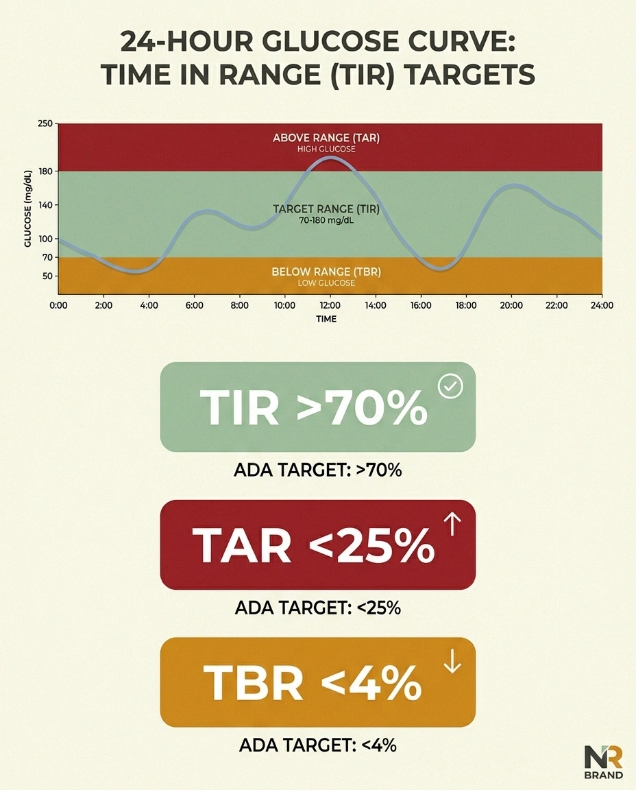 Time in Range chart showing glucose target zone 70-180 mg/dL with TIR, TAR, and TBR percentage targets.