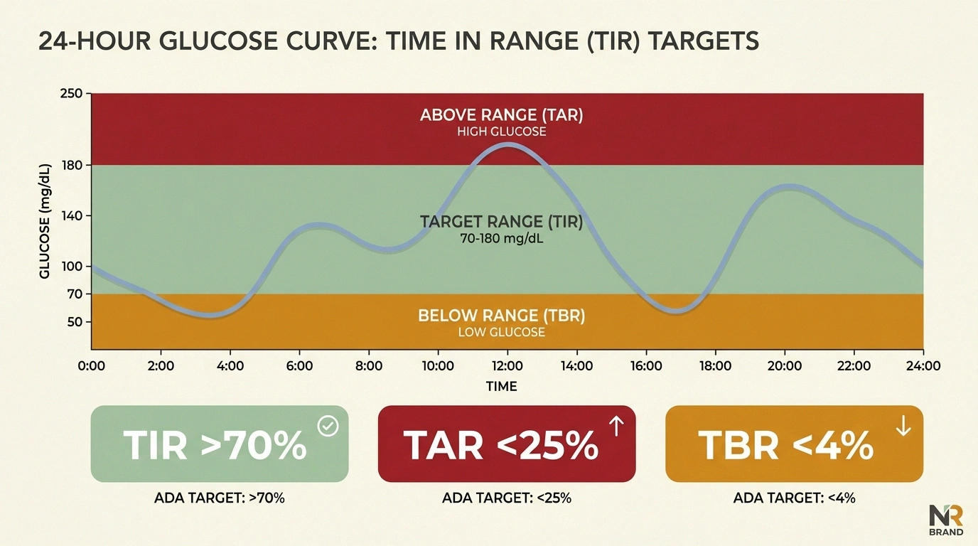Time in Range chart showing glucose target zone 70-180 mg/dL with TIR, TAR, and TBR percentage targets.