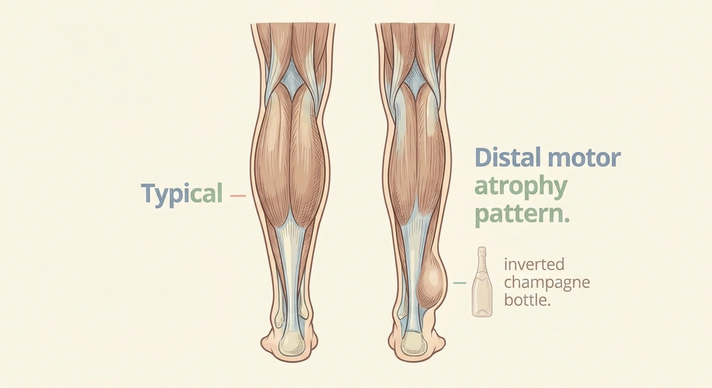 Side by side illustration showing a typical calf shape on the left and the inverted champagne bottle pattern of distal motor atrophy in neuropathy on the right.