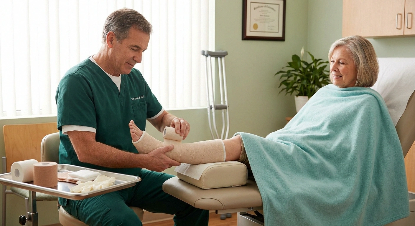 Podiatrist applying total contact cast to Charcot foot patient for offloading treatment