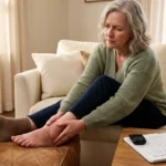 Older woman noticing warmth and swelling in right foot indicating possible early Charcot foot