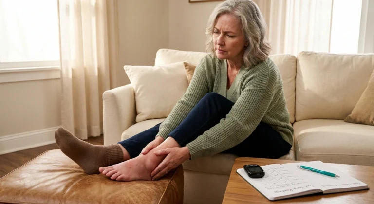Older woman noticing warmth and swelling in right foot indicating possible early Charcot foot