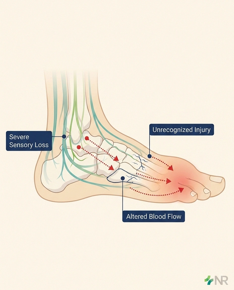 Medical illustration showing three mechanisms causing Charcot foot in diabetic neuropathy
