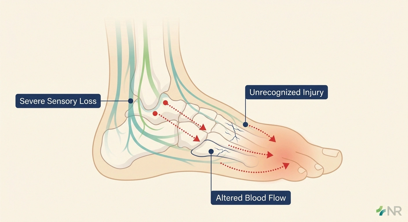 Medical illustration showing three mechanisms causing Charcot foot in diabetic neuropathy