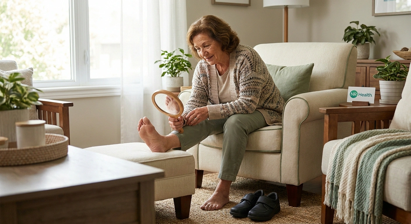 Diabetic patient using mirror for daily foot inspection to prevent Charcot foot recurrence