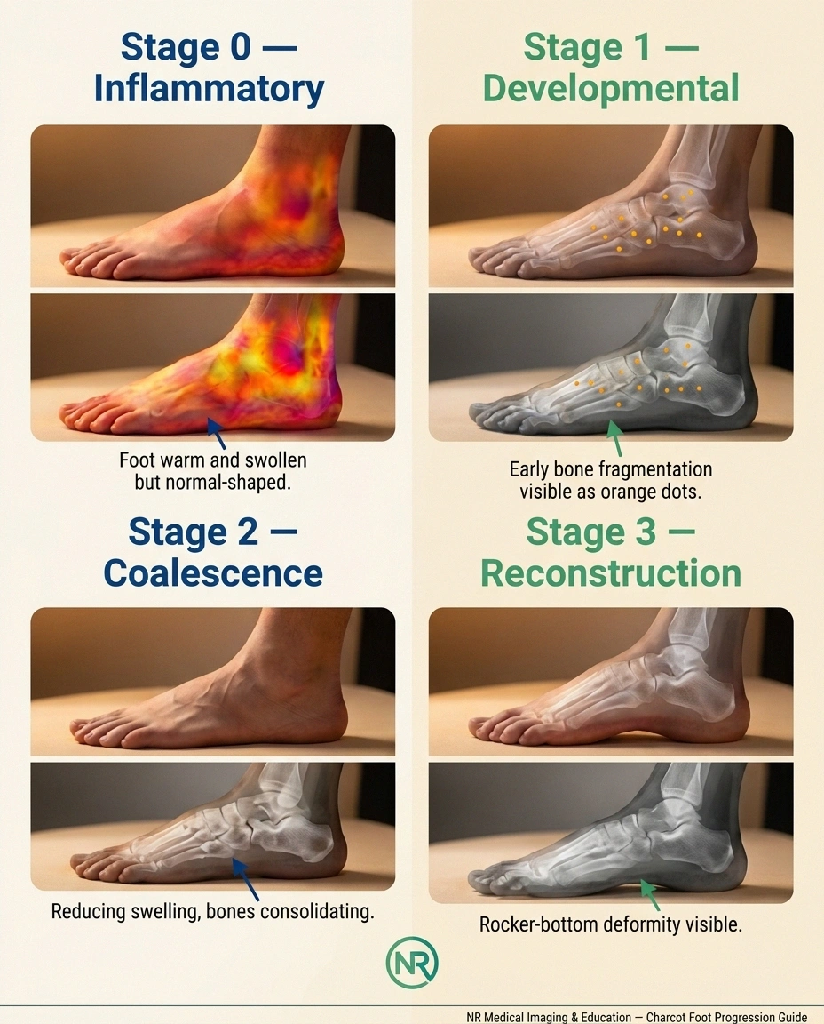 Four stages of Charcot foot progression infographic showing inflammatory to reconstruction phases