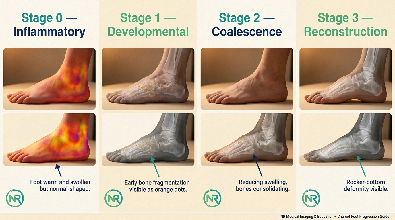 Four stages of Charcot foot progression infographic showing inflammatory to reconstruction phases