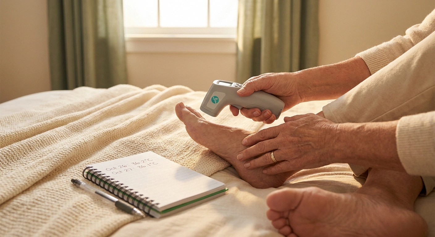 Diabetic patient using infrared thermometer to check foot temperature for early Charcot foot