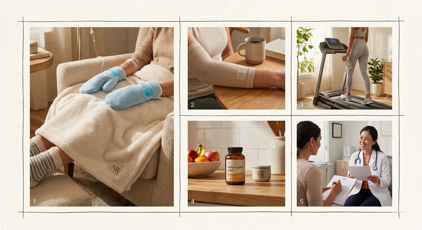 Five current strategies for preventing chemotherapy-induced peripheral neuropathy including cooling, compression, exercise, supplements, and provider consultation.