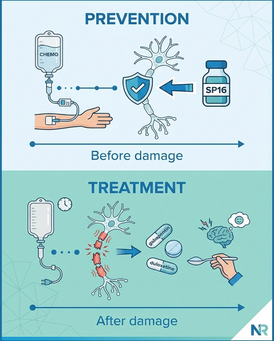 Infographic showing prevention versus treatment approaches for chemotherapy-induced peripheral neuropathy.