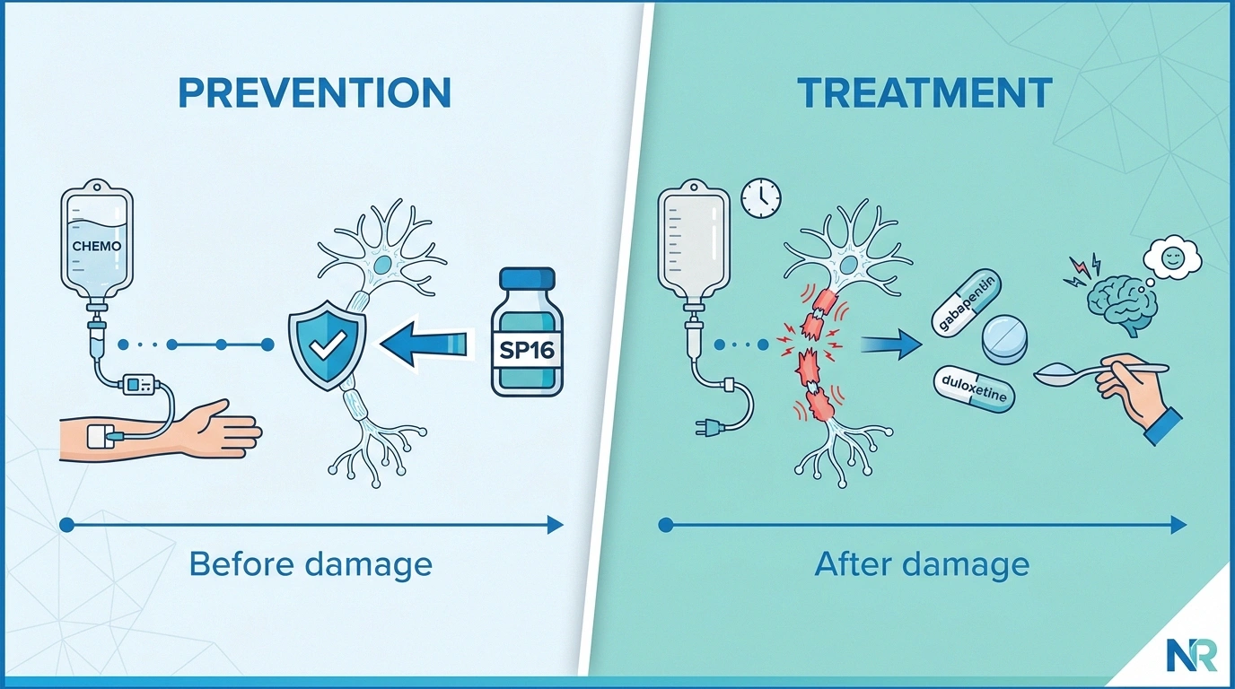 Infographic showing prevention versus treatment approaches for chemotherapy-induced peripheral neuropathy.