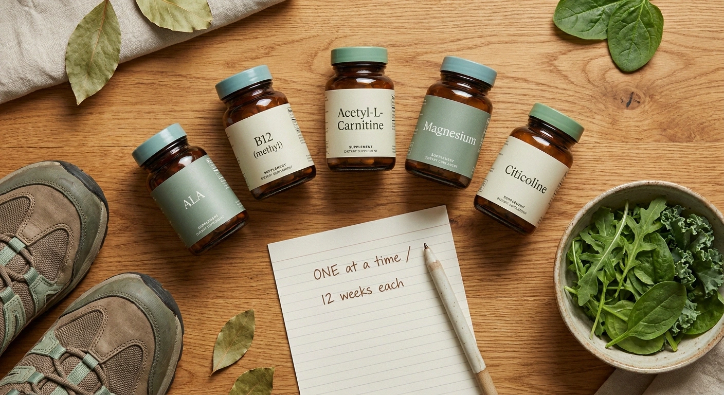 Flat-lay of nerve-support supplements alongside walking shoes and leafy greens, with a note reading 
