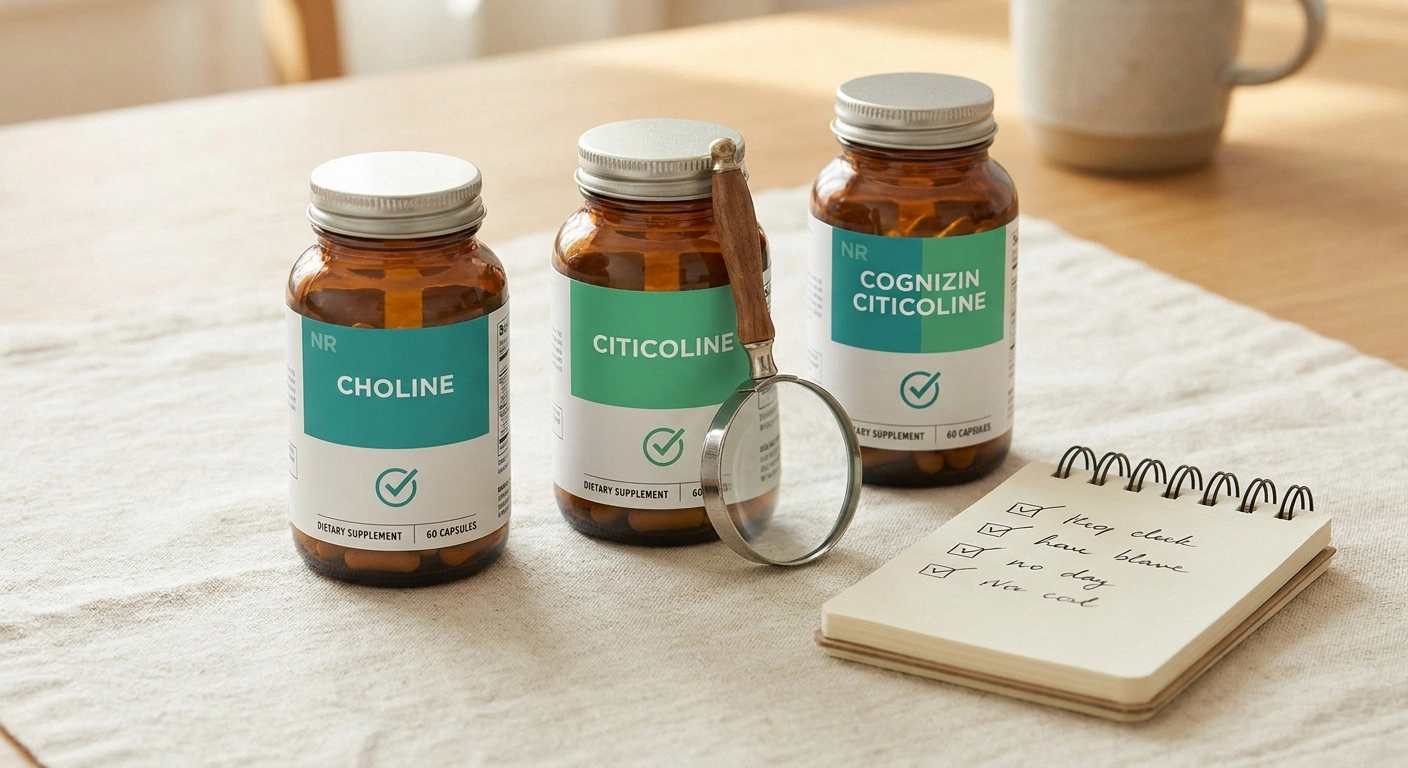 Three supplement bottles labeled choline, citicoline, and Cognizin citicoline beside a notebook and magnifying glass.