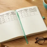 Citicoline supplement capsules beside a symptom-tracking notebook and tea cup on a warm wooden table.
