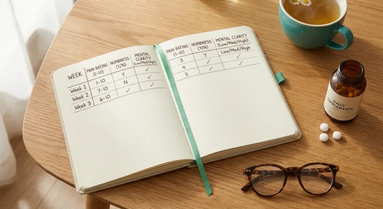 Citicoline supplement capsules beside a symptom-tracking notebook and tea cup on a warm wooden table.