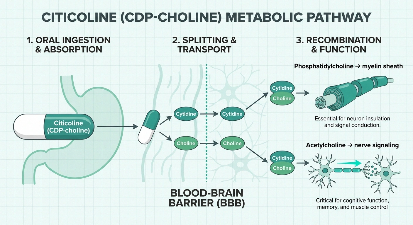 Infographic of how citicoline becomes phosphatidylcholine for myelin and acetylcholine for nerve signaling.