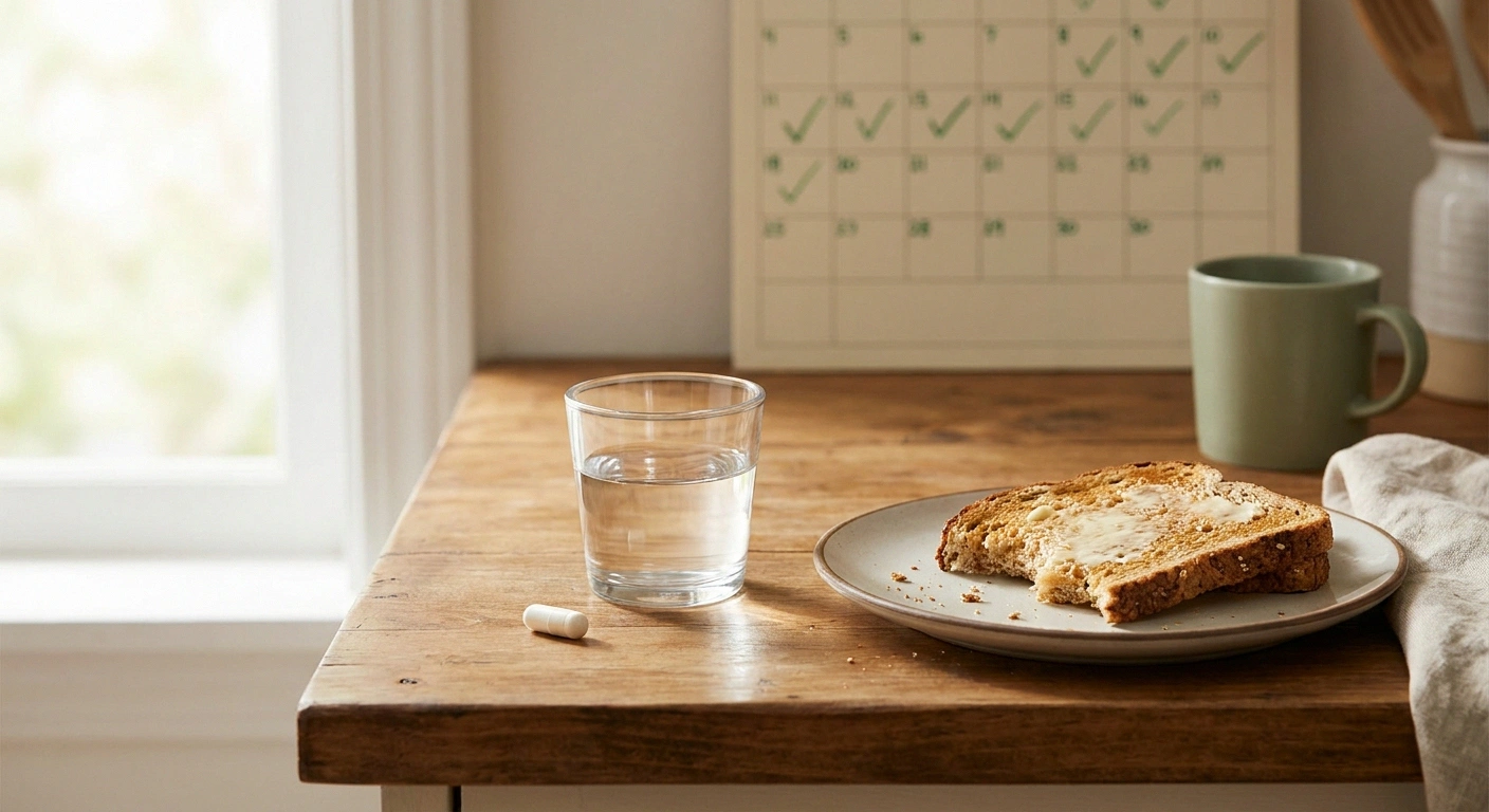 A morning supplement-with-breakfast routine showing one capsule beside water, toast, and a weekly tracking calendar.