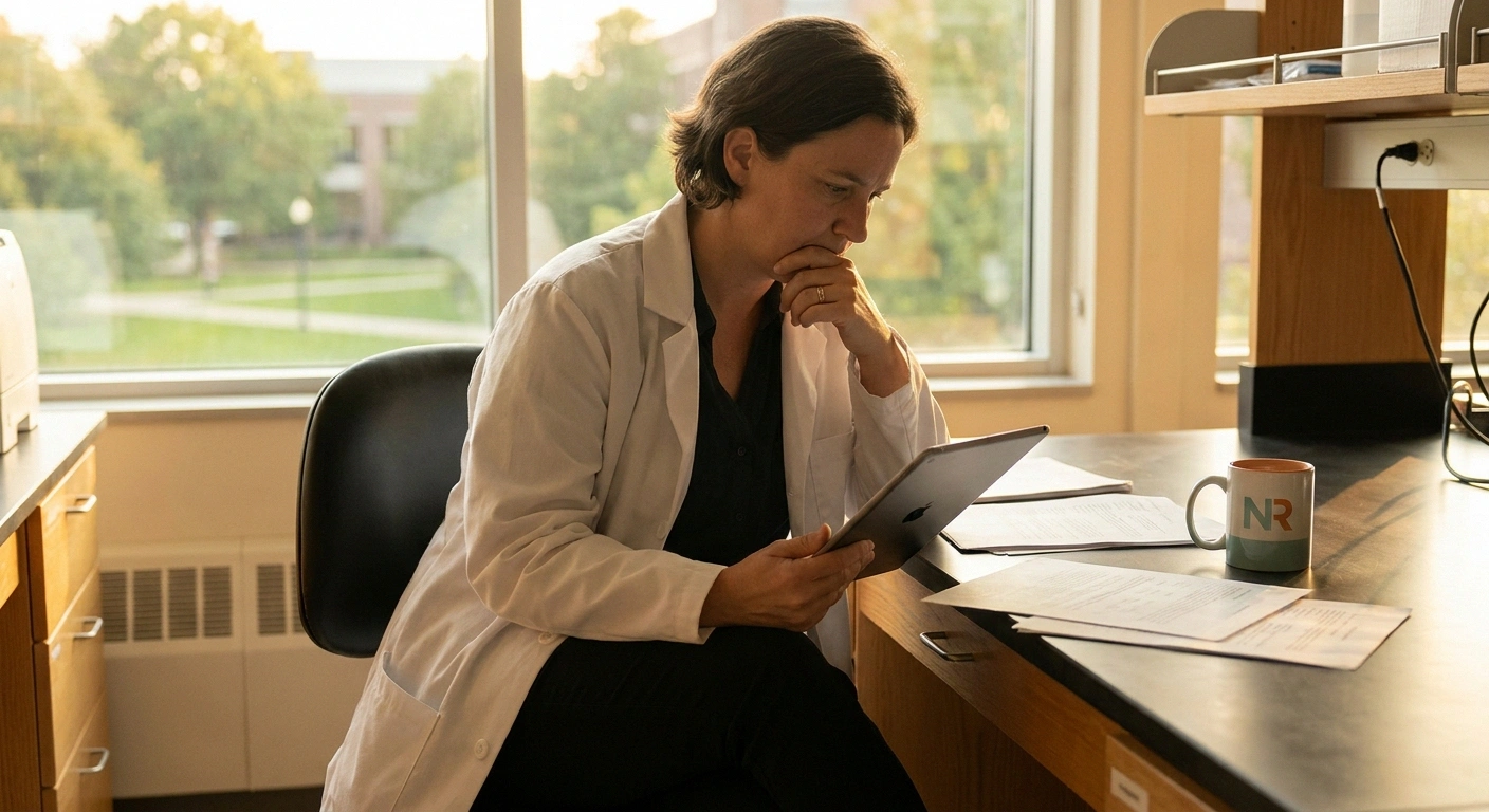 Pharmaceutical researcher reviewing trial data after a clinical study did not meet its endpoint