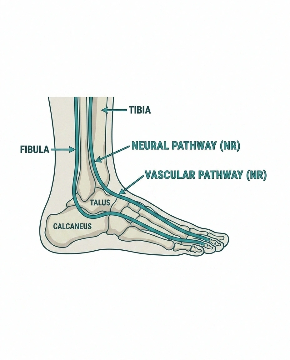 Medical illustration showing the three reasons feet feel cold in neuropathy: autonomic disruption, reduced circulation, and misreported sensation