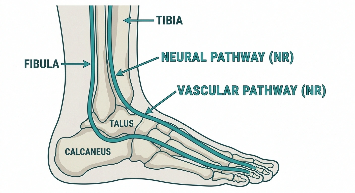 Medical illustration showing the three reasons feet feel cold in neuropathy: autonomic disruption, reduced circulation, and misreported sensation