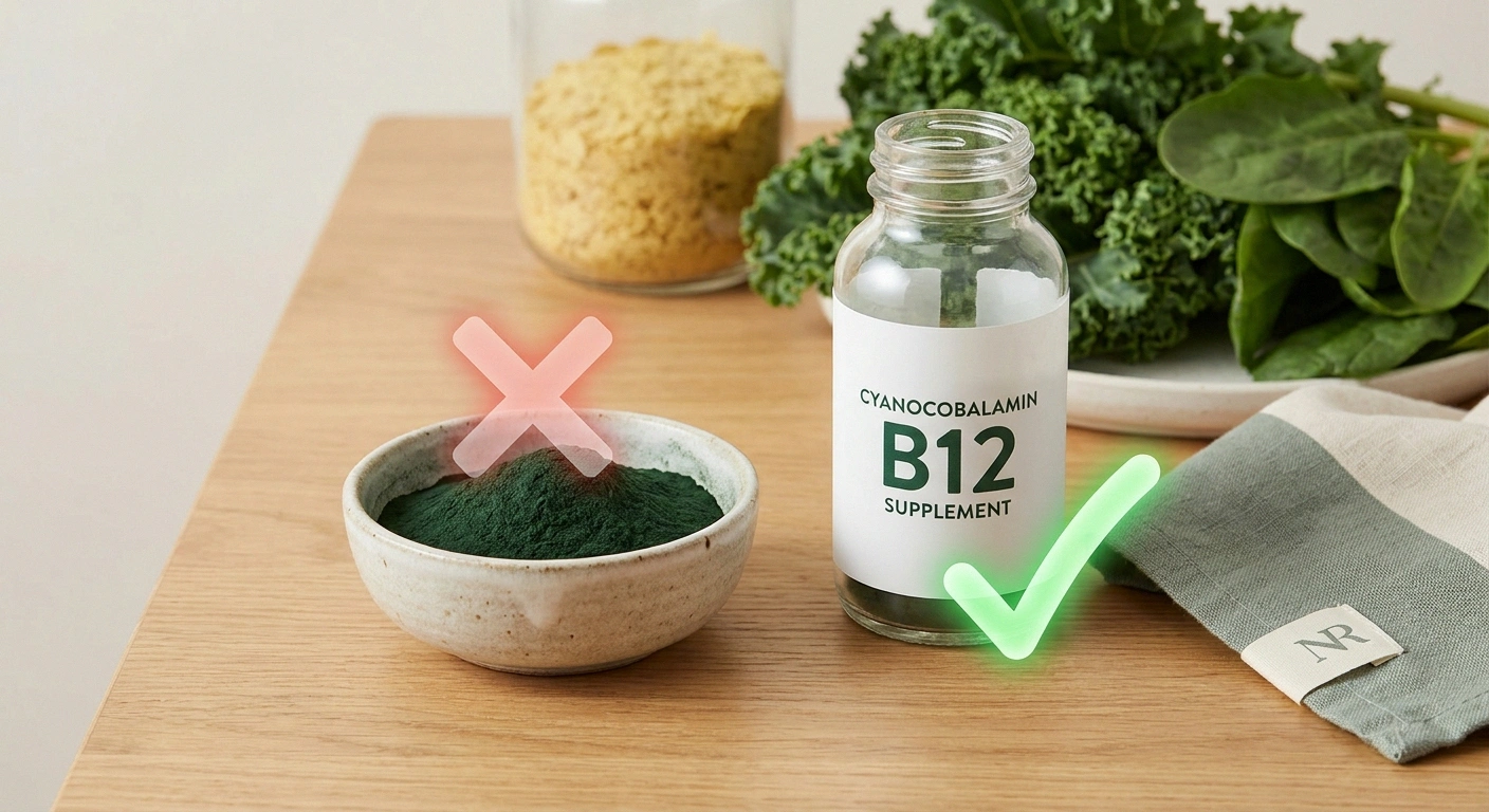 Side-by-side table arrangement with spirulina powder on the left marked as unreliable for B12 and a cyanocobalamin supplement on the right marked as the reliable option.