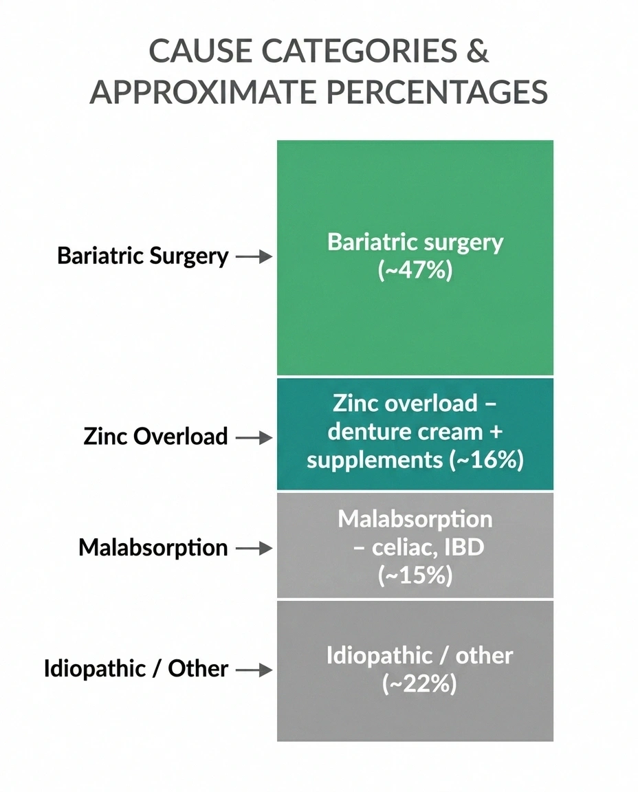 Horizontal bar infographic ranking the causes of copper deficiency neuropathy — bariatric surgery, zinc, malabsorption, idiopathic.