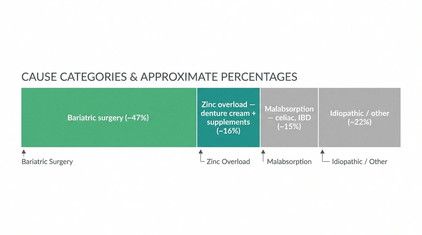 Horizontal bar infographic ranking the causes of copper deficiency neuropathy — bariatric surgery, zinc, malabsorption, idiopathic.