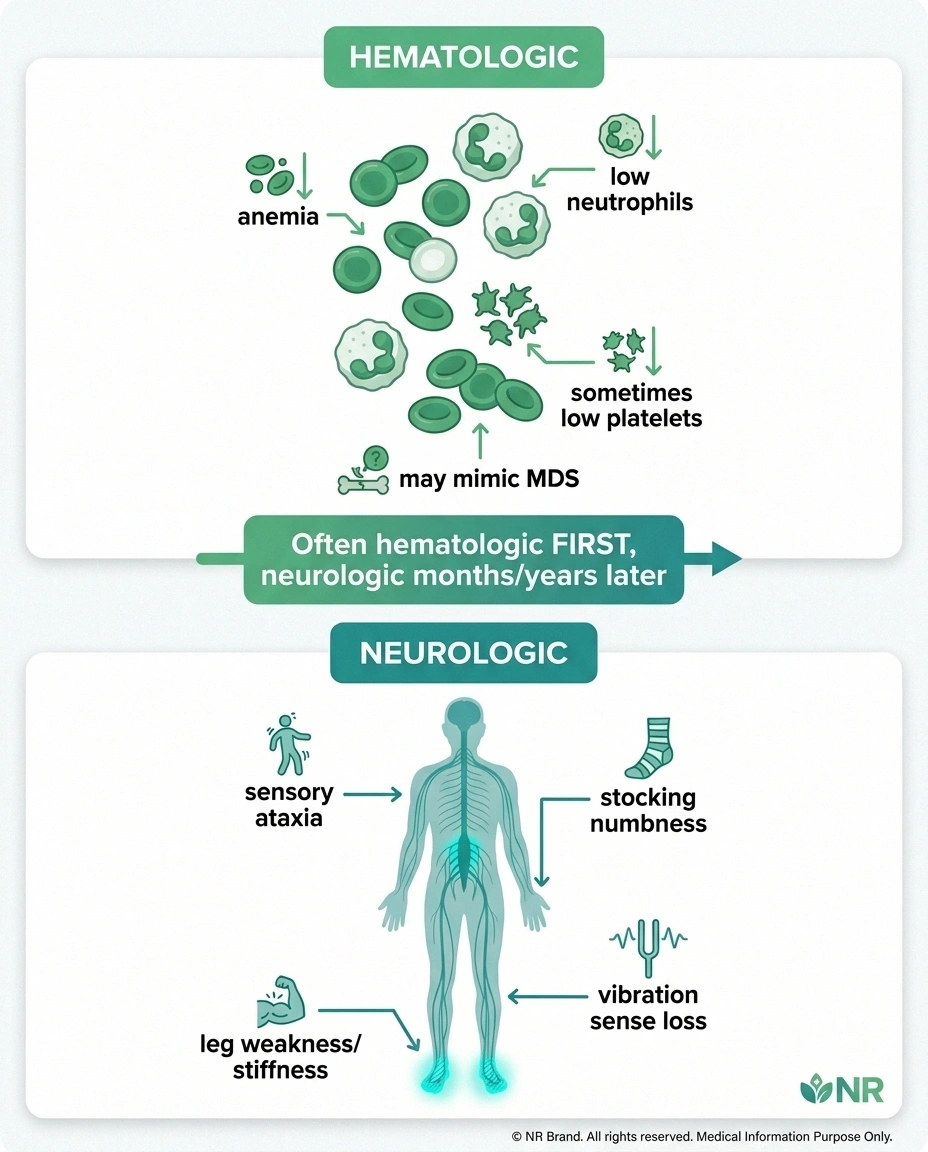 Two-panel infographic of copper deficiency presentation — hematologic findings on the left and neurologic findings on the right.