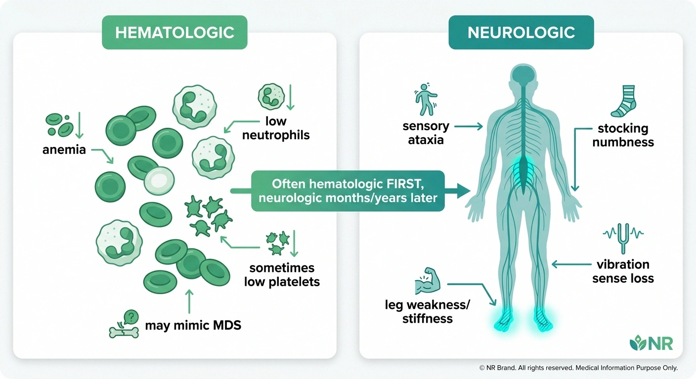 Two-panel infographic of copper deficiency presentation — hematologic findings on the left and neurologic findings on the right.
