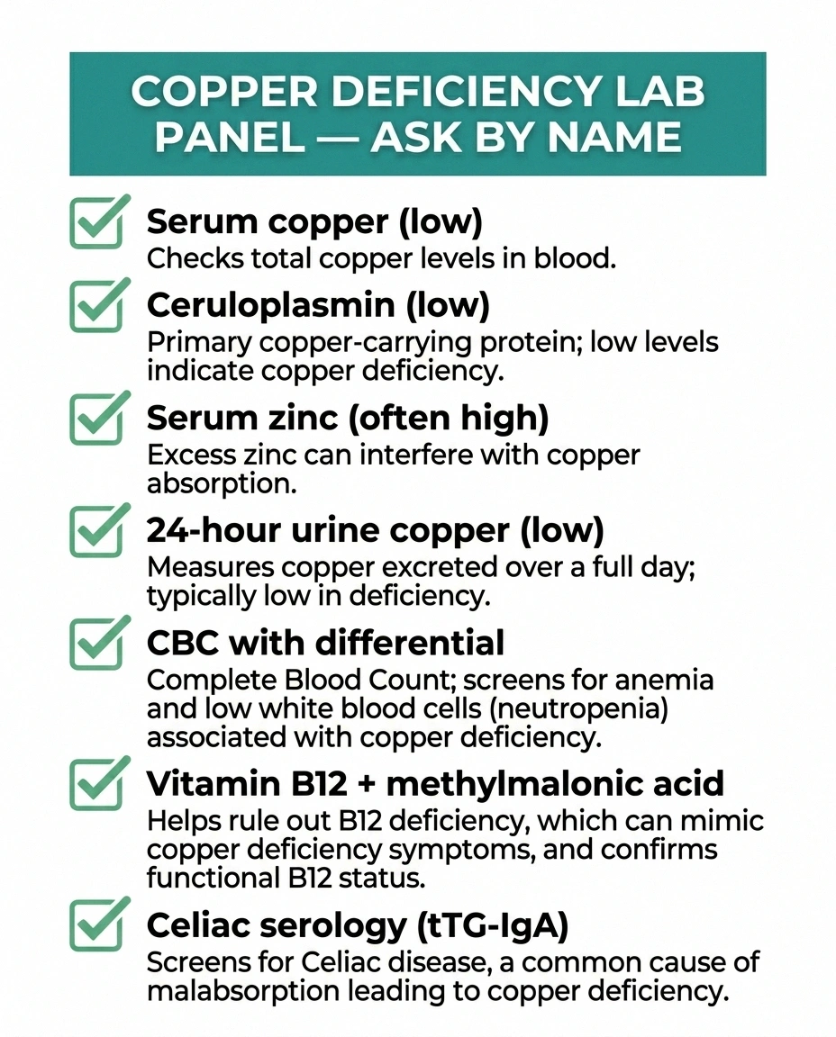 Checklist infographic of the 7 blood and urine tests that diagnose copper deficiency neuropathy.