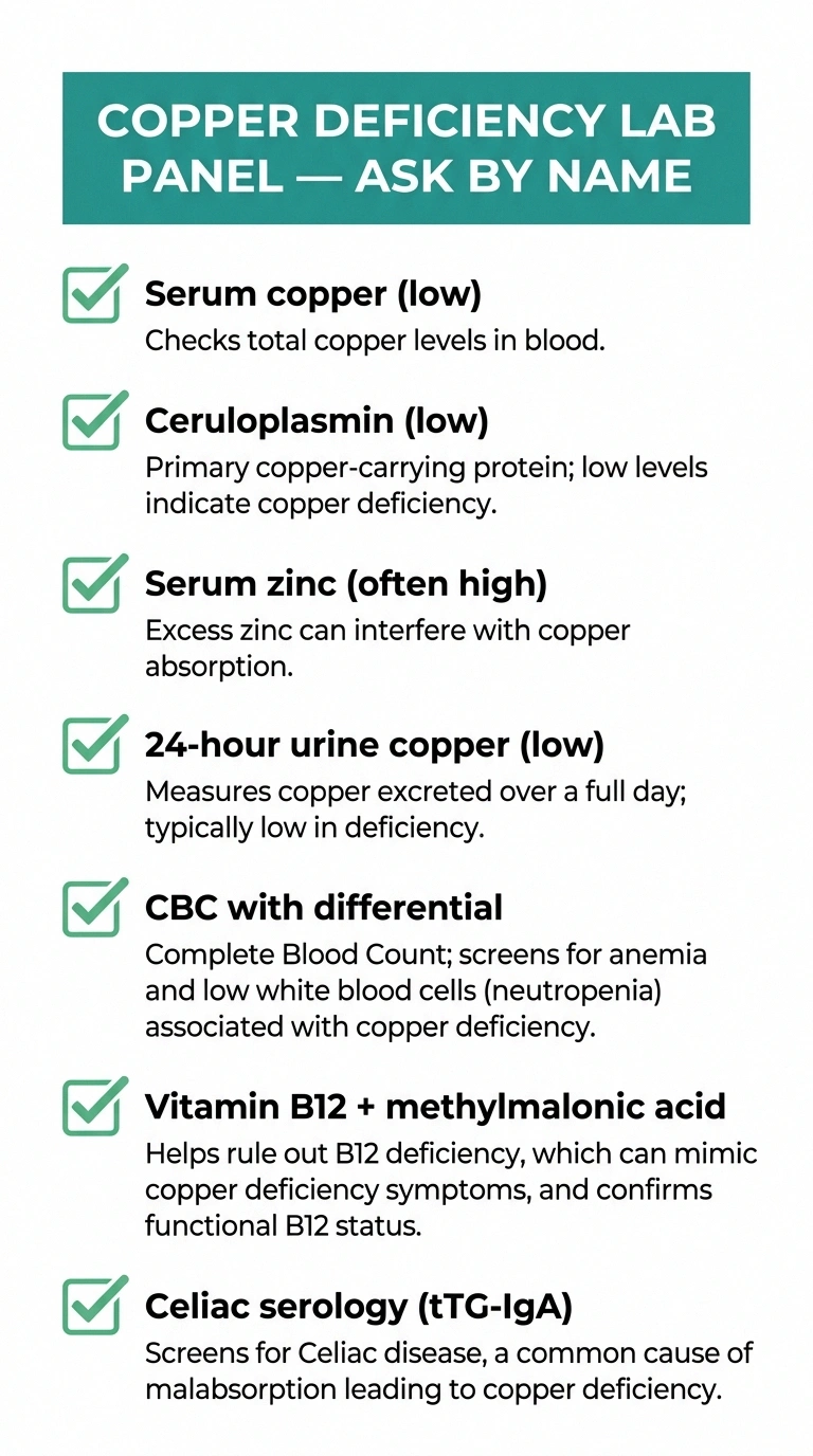 Checklist infographic of the 7 blood and urine tests that diagnose copper deficiency neuropathy.