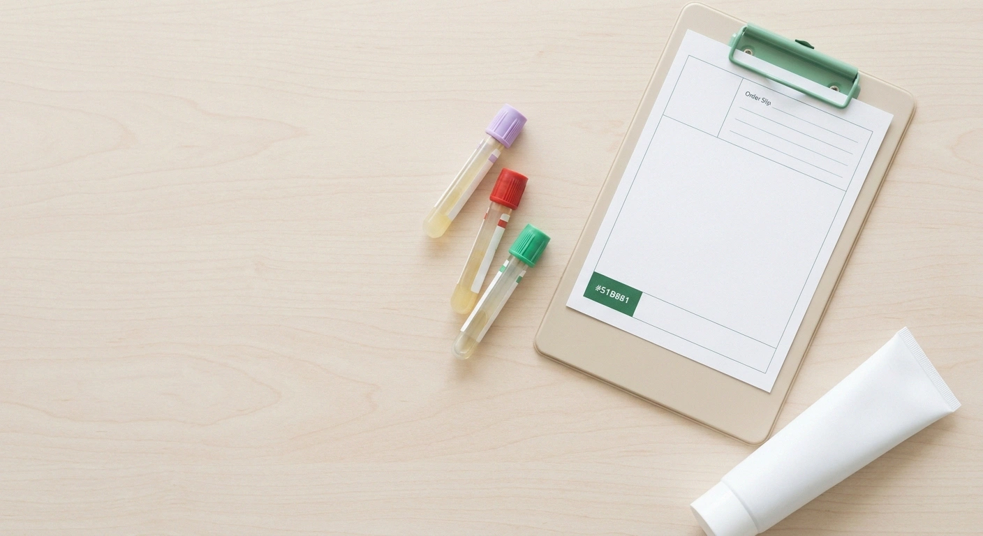 Editorial flat-lay of blood draw vials, a clipboard, and a generic dental hygiene tube — illustrating copper deficiency neuropathy causes and diagnosis.
