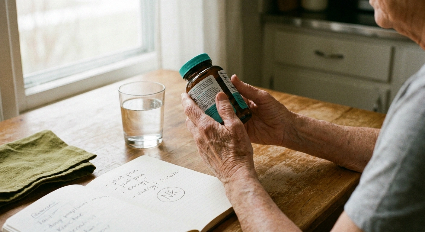 Older adult's hands examining a supplement bottle at a kitchen table — suggesting careful self-advocacy about zinc and copper deficiency risk.