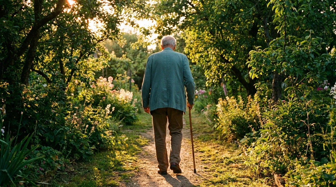 An older adult walking with a cane on a tree-lined garden path, illustrating partial recovery and continued mobility with copper deficiency neuropathy treatment.