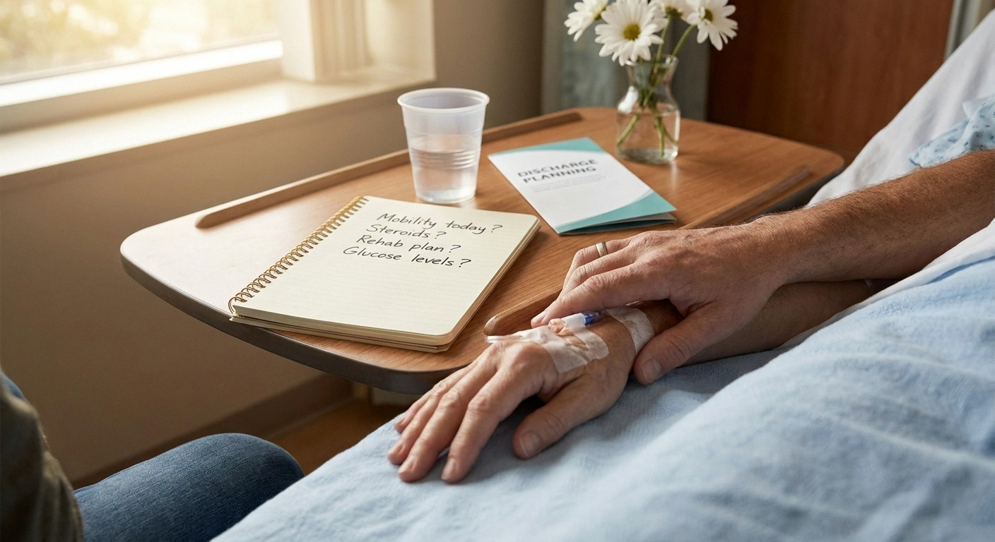 A family member's hand rests on a patient's hand at a hospital bedside with a notebook of advocacy questions, water cup, and discharge pamphlet — illustrating the family caregiver role during ICU recovery.